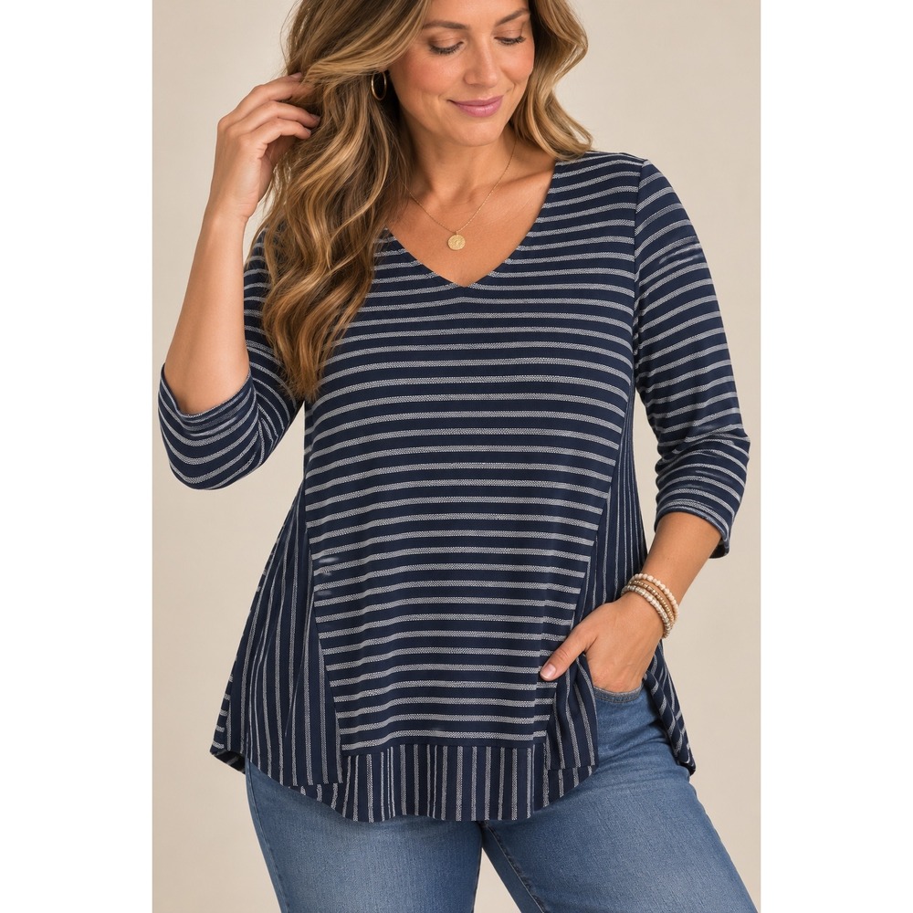 Chicos Navy Blue White Striped Tunic Top V-Neck 3/4 Sleeve Size 2 Large